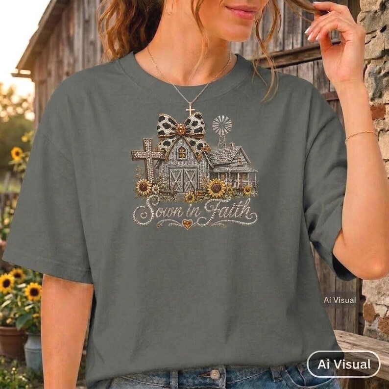 May include: A charcoal gray short-sleeve t-shirt featuring a graphic print of a farmhouse, a cross, and a windmill. The design includes a leopard print bow, sunflowers, and the text Sown in Faith written in a cursive script font across the center.