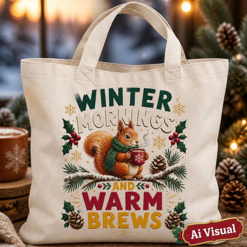 May include: A cream-colored canvas tote bag featuring a graphic of a squirrel wearing a green scarf and holding a red mug. The text reads WINTER MORNINGS AND WARM BREWS, surrounded by illustrations of pine branches, holly berries, and snowflakes.
