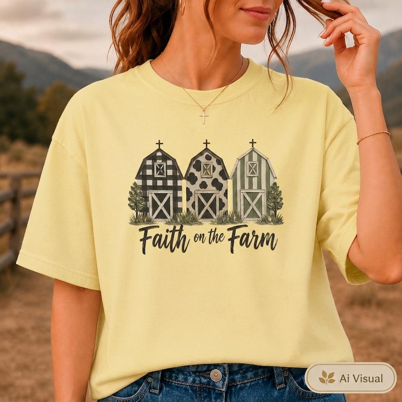 Może przedstawiać: Jasnoż&oacute;łty t-shirt z kr&oacute;tkim rękawem z grafiką przedstawiającą trzy stodoły w r&oacute;żnych wzorach: czarno-białą kratę, łaty krowie i zielone paski. Poniżej stod&oacute;ł znajduje się napis Faith on the Farm wykonany czarną, ozdobną czcionką.