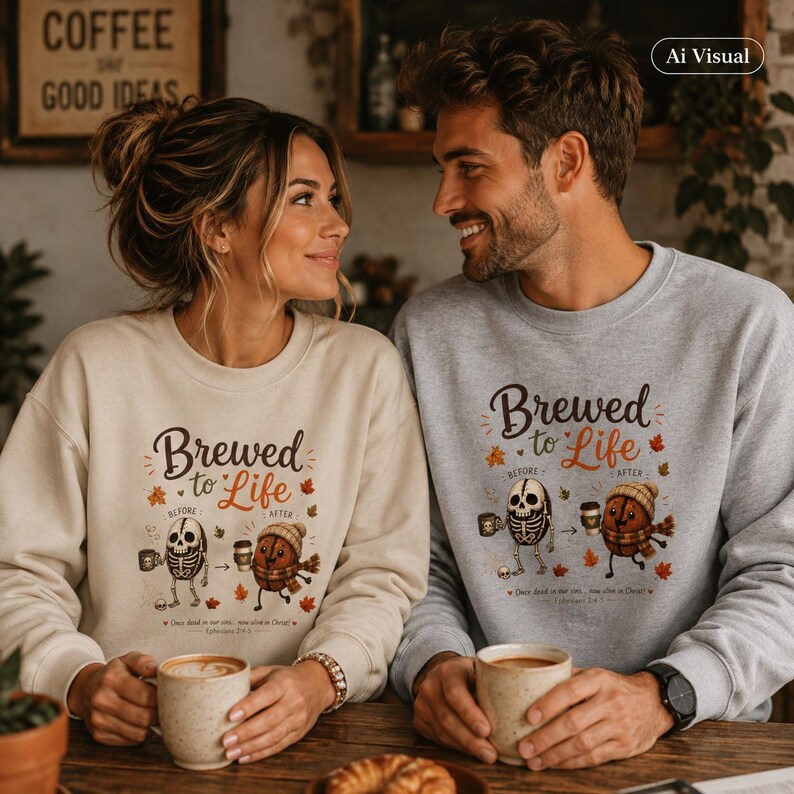 Illustrated Food Coffee Bean Stick Figure Sweater Cute Coffee Design Unisex Crewneck Apparel Fall Autumn Cozy Clothing Brewed To Life Characters Soft Comfortable Fabric Perfect Coffee Enthusiast Gift Seasonal Barista Wear Warm Midweight Construction Ribbed Collar Christian Women Christian Men Apparel