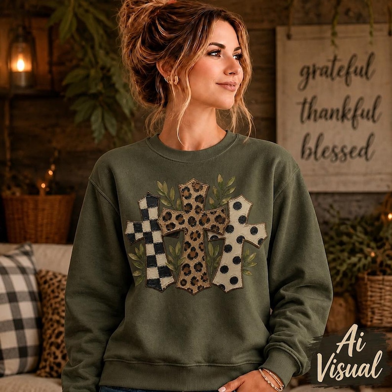 Digital sublimation instant download of An olive green crewneck sweatshirt featuring a graphic of three crosses arranged side-by-side. The left cross has a black and white checkered pattern, the center cross has a brown leopard print, and the right cross has black polka dots. PNG file transfer.