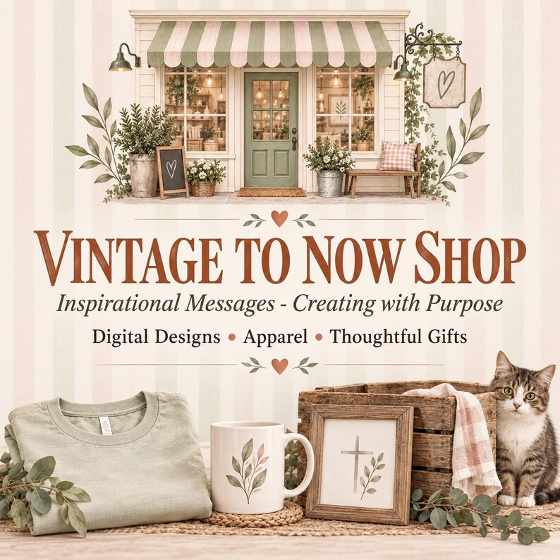 Puede incluir: Una ilustraci&oacute;n de escaparate con el texto VINTAGE TO NOW SHOP, Inspirational Messages - Creating with Purpose, Digital Designs, Apparel, Thoughtful Gifts. Debajo, una camiseta verde salvia, una taza blanca con arte de hojas, una cruz enmarcada y un gato atigrado.