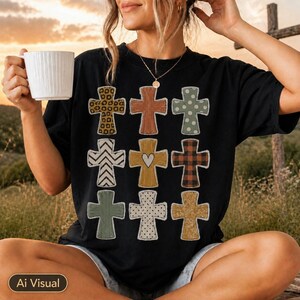 Christian Cross Sublimation Design Religious PNG Faith Clipart Digital Download Leopard Print Buffalo Plaid Autumn Colors Rustic Western Style Country Gospel Graphics Distressed Wood Grain Patterns Polka Dots Chevron Hearts Christian Gift Design Idea Instant Download PNG Home Decor Crafting
