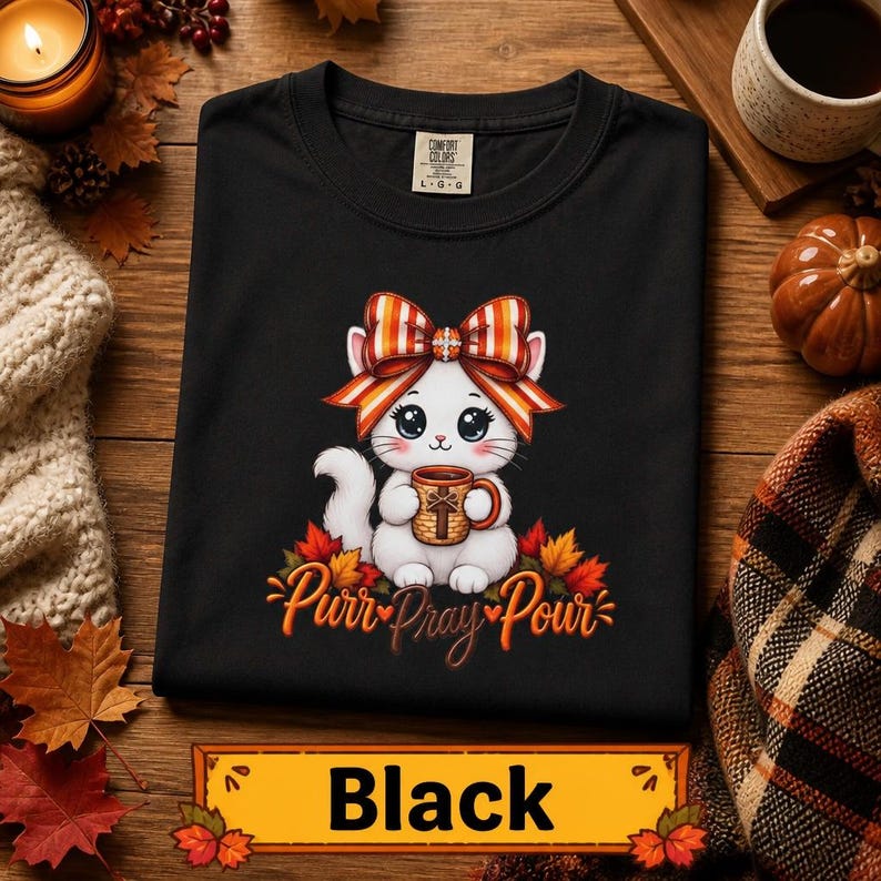 Kawaii Cat Design Autumn Graphic Tee White Cat Illustration Striped Bow Detail Fall Themed Shirt Halloween Apparel Cozy Casual Wear Unisex Clothing Cat Lover Gift Perfect Present October Fashion Garment Dyed Cotton Comfortable Daily Outfit Funny Christian Cat Tee Shirt