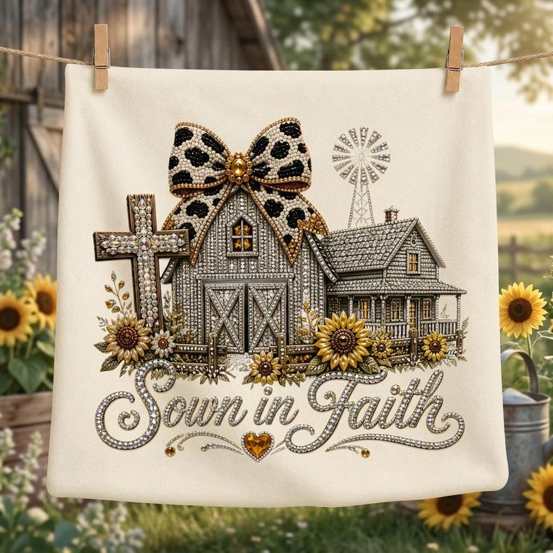 May include: A cream-colored fabric square featuring a diamond-art style graphic of a barn, a house, a windmill, a cross, and sunflowers. A large leopard-print bow sits atop the barn. The text Sown in Faith is written in cursive below.