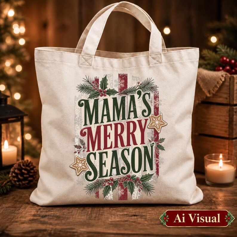 May include: A cream-colored canvas tote bag featuring the text MAMA'S MERRY SEASON in dark green and red lettering. The design is decorated with illustrations of holly leaves, red berries, pine branches, and two tan-colored star-shaped cookies.