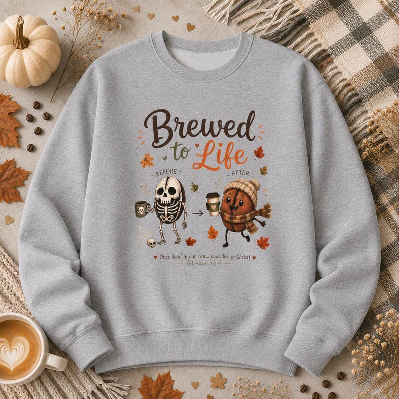 Barista Apparel Gift Coffee Enthusiast Sweatshirt Unisex Fall Crewneck Autumn Cozy Clothing Illustrated Food Coffee Bean Stick Design Brewed To Life Characters Seasonal Comfort Wear Soft Midweight Fabric Perfect Coffee Lover Present Cute Casual Sweater Warm Christian Women Christian Men Gift Apparel