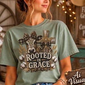 PNG File Transparent A sage green t-shirt featuring a graphic of a cow with a leopard print pattern, a wooden cross, and cotton bolls. Digital Sublimation Design The design includes the text "ROOTED IN GRACE" in a bold, serif font, accented with plaid bows and small rhinestones.