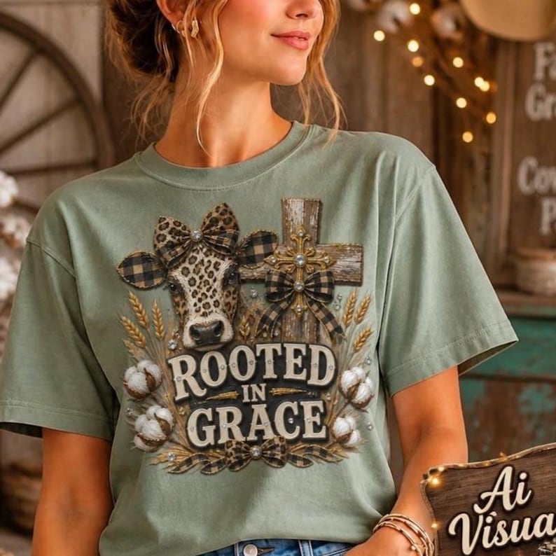 PNG File Transparent A sage green t-shirt featuring a graphic of a cow with a leopard print pattern, a wooden cross, and cotton bolls. Digital Sublimation Design The design includes the text "ROOTED IN GRACE" in a bold, serif font, accented with plaid bows and small rhinestones.