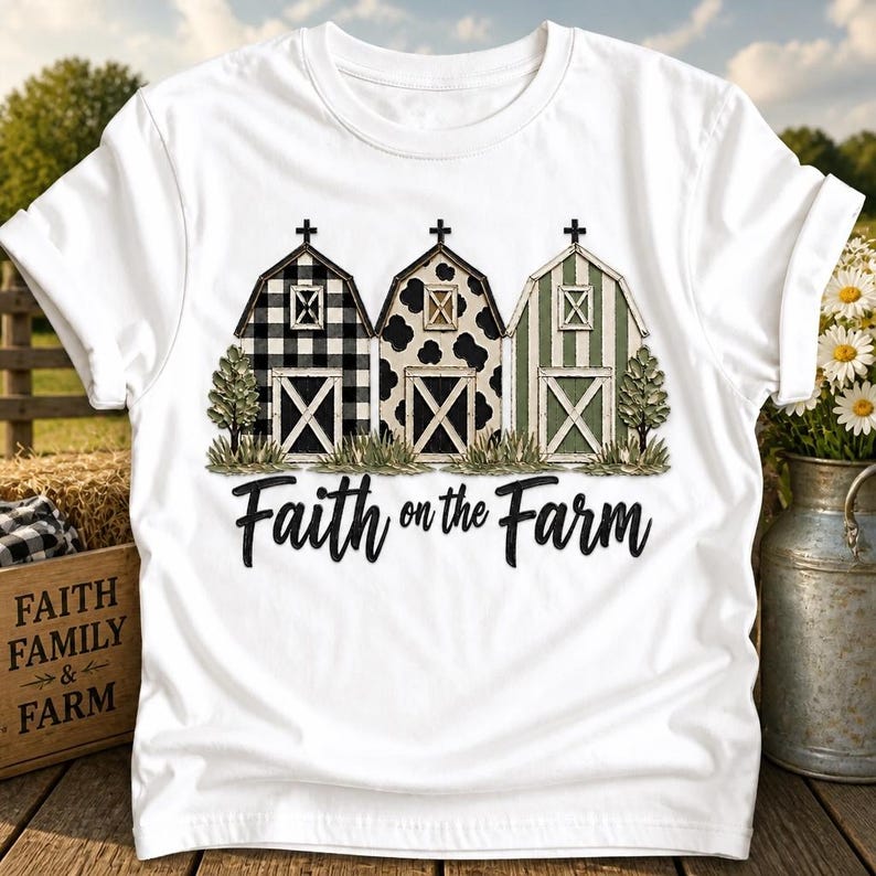 Może przedstawiać: Biały t-shirt z kr&oacute;tkim rękawem z grafiką przedstawiającą trzy stodoły w r&oacute;żnych wzorach: czarno-białą kratę, czarno-białe łaty krowie oraz zielono-białe paski. Poniżej znajduje się czarny napis o treści Faith on the Farm.