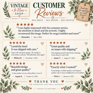 Puede incluir: Un gr&aacute;fico de rese&ntilde;as de clientes para Vintage to Now Shop con valoraciones de cinco estrellas y testimonios de Alexandra, Melissa R., James T., Angela K. y Brian L. El dise&ntilde;o incluye ilustraciones de hojas verdes, texto marr&oacute;n y una etiqueta de agradecimiento.