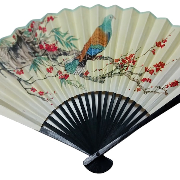 Chinese Asian Blue Bird and Flowers Folding Hand Fan Dove Floral Wood Paper CAAC Collectible Civil Aviation Administration of China