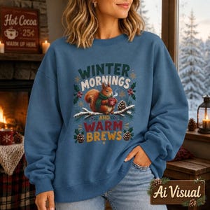 May include: A blue crewneck sweatshirt featuring a graphic of a squirrel wearing a green scarf and holding a red mug. The text reads Winter Mornings and Warm Brews, surrounded by pine branches, holly berries, snowflakes, and pinecones.