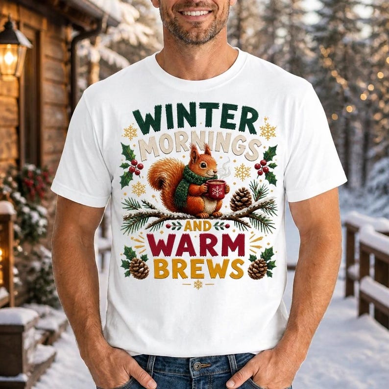May include: A white short-sleeved t-shirt featuring a graphic of a squirrel wearing a green scarf and holding a red mug. The text reads WINTER MORNINGS AND WARM BREWS, surrounded by illustrations of holly, pinecones, and gold snowflakes.