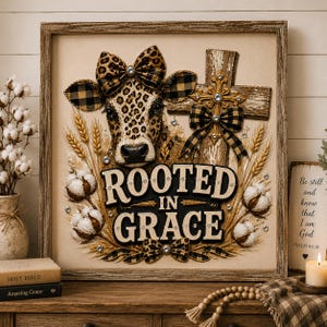PNG File Transparent Background of A square framed wall art piece featuring a cow head with a leopard print and buffalo plaid bow, a wooden cross with a buffalo plaid bow, wheat stalks, and cotton bolls. The text "ROOTED IN GRACE" is centered in black and white lettering. Digital sublimation design.