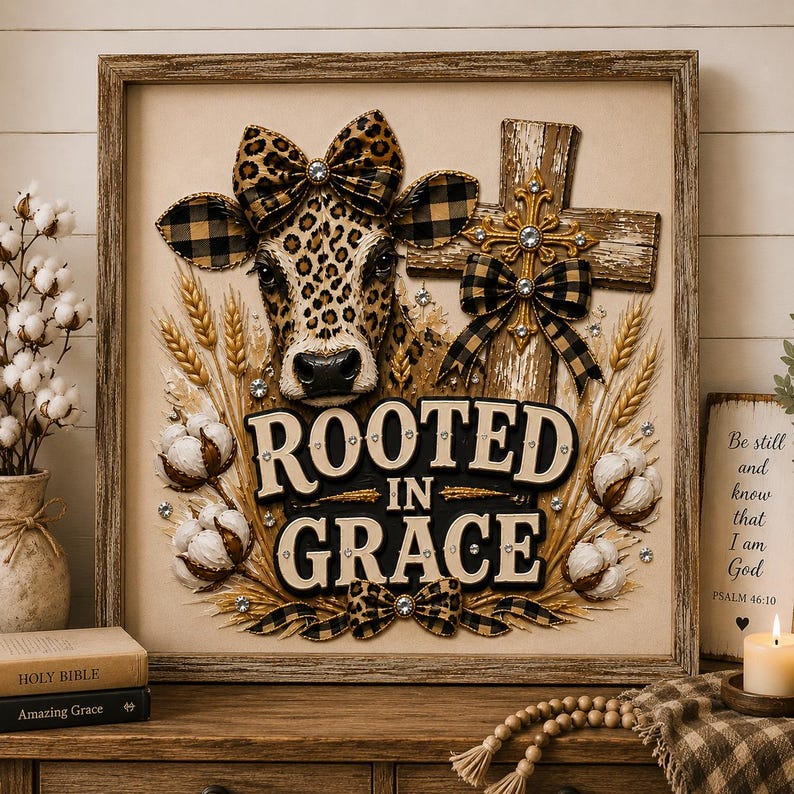 PNG File Transparent Background of A square framed wall art piece featuring a cow head with a leopard print and buffalo plaid bow, a wooden cross with a buffalo plaid bow, wheat stalks, and cotton bolls. The text "ROOTED IN GRACE" is centered in black and white lettering. Digital sublimation design.