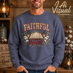 May include: A slate blue crewneck sweatshirt featuring a graphic print of an open book centered between two lanterns, surrounded by cotton sprigs and greenery. The text "FAITHFUL" appears in a quilted pattern above, with "Heart" in red script below.