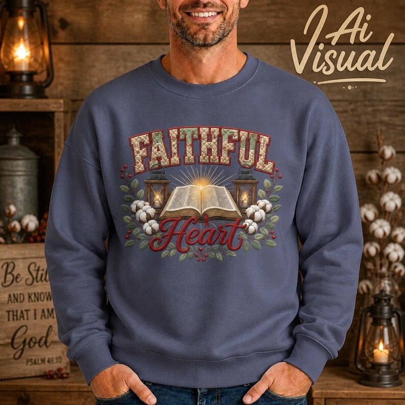 May include: A slate blue crewneck sweatshirt featuring a graphic print of an open book centered between two lanterns, surrounded by cotton sprigs and greenery. The text "FAITHFUL" appears in a quilted pattern above, with "Heart" in red script below.