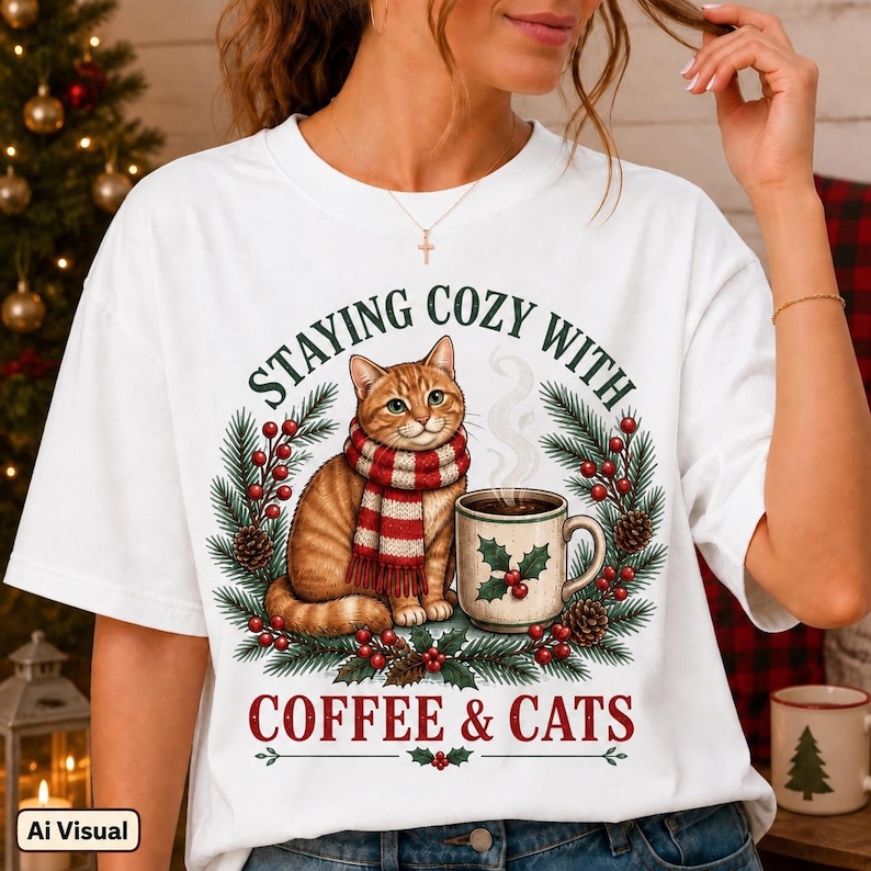 May include: A white t-shirt featuring a graphic of an orange tabby cat wearing a red and white striped scarf next to a steaming mug of coffee. The design is surrounded by pine branches, red berries, and pinecones with the text Staying Cozy With Coffee & Cats.