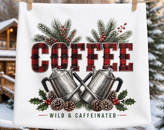 Café rústico navideño para cabaña PNG, estampado de cuadros de búfalo, camiseta de camping en el bosque, sublimación, decoración artística de invierno al aire libre con cafeína, descarga digital