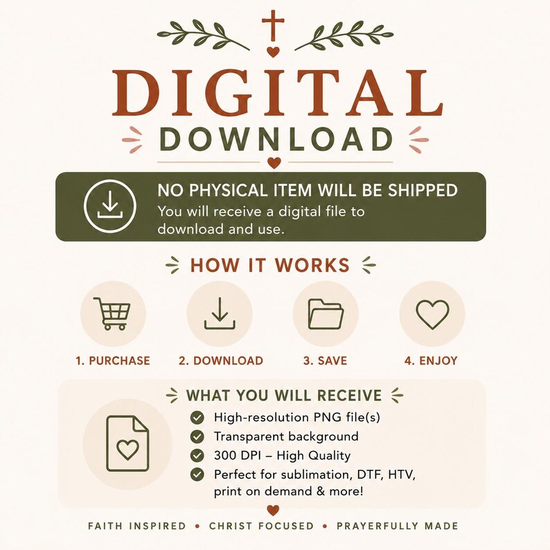 May include: A digital download informational graphic with a cream background, featuring the text DIGITAL DOWNLOAD, NO PHYSICAL ITEM WILL BE SHIPPED, HOW IT WORKS, and WHAT YOU WILL RECEIVE, along with icons for purchase, download, save, and enjoy.