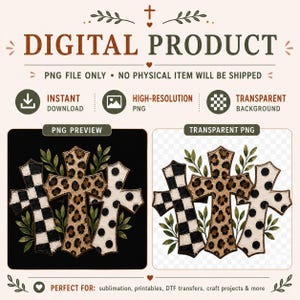 Pu&ograve; includere: Un prodotto digitale che mostra tre croci con foglie verdi. Una croce ha un motivo a scacchi bianco e nero, una ha una stampa leopardata marrone e una &egrave; bianca con pois neri. Il testo include DIGITAL PRODUCT e PNG.