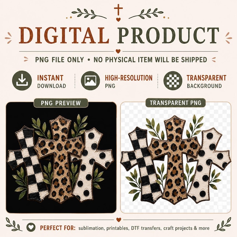 Pu&ograve; includere: Un prodotto digitale che mostra tre croci con foglie verdi. Una croce ha un motivo a scacchi bianco e nero, una ha una stampa leopardata marrone e una &egrave; bianca con pois neri. Il testo include DIGITAL PRODUCT e PNG.