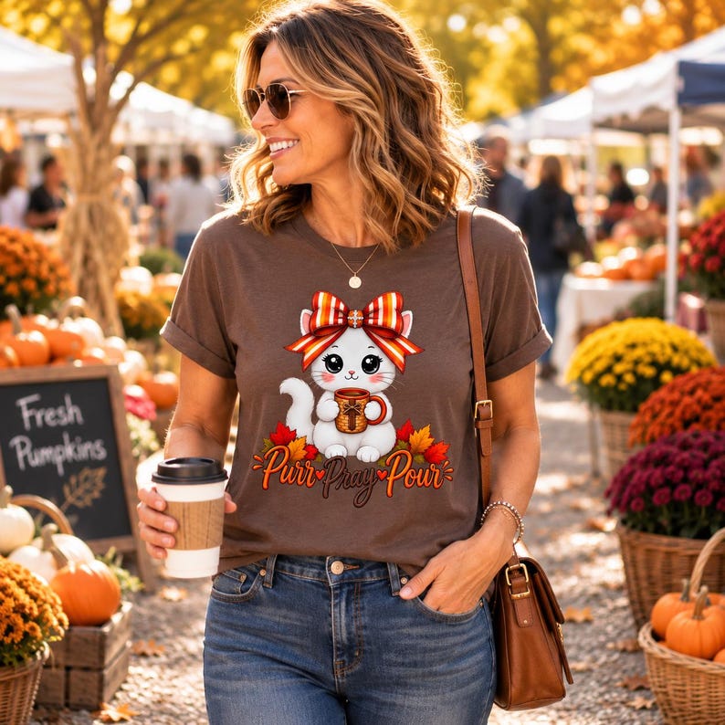 K&ouml;nnte beinhalten: Ein braunes Kurzarm-T-Shirt mit einer Grafik einer wei&szlig;en Katze, die eine gestreifte Schleife tr&auml;gt, eine Tasse h&auml;lt und von Herbstbl&auml;ttern umgeben ist. Der Text unter der Katze lautet Purr Pray Pour in dekorativer Schrift. Rundhalsausschnitt.