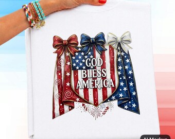 Patriotic God Bless Tee Vintage Americana Flag Coquette Bow Shirt 4th July Graphic Cotton Top Ribbon Design 250th Year Independence Day