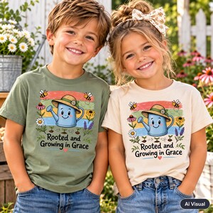 Christian garden watering‑can graphic with flowers, bees and sprouts, ‘Rooted and Growing in Grace’ inspirational message on kids’ green and white T‑shirts in outdoor country scene, digital PNG sublimation file.