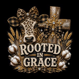 May include: A decorative wall sign featuring a cow with a leopard print pattern and a buffalo plaid bow, a wooden cross with a gold cross overlay, wheat stalks, and cotton bolls. The text reads ROOTED IN GRACE, accented with small clear rhinestones.