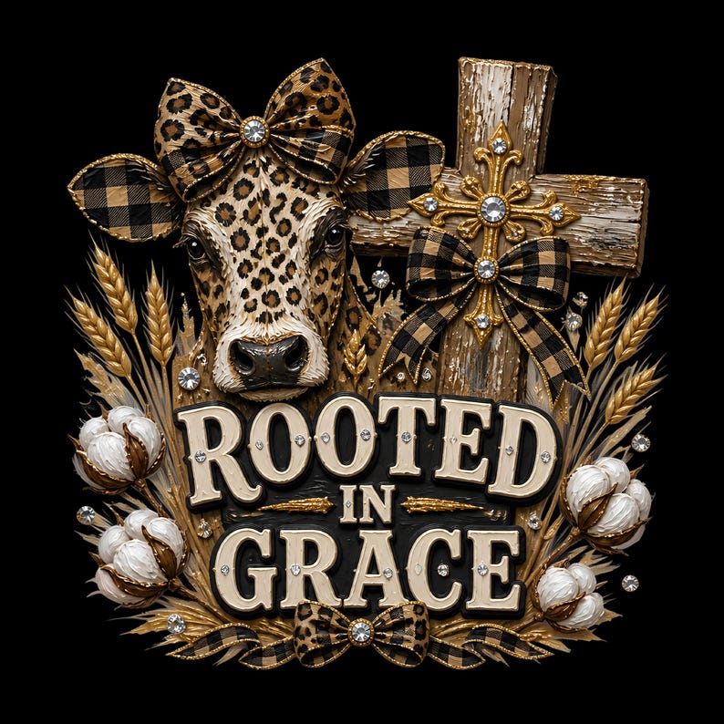 May include: A decorative wall sign featuring a cow with a leopard print pattern and a buffalo plaid bow, a wooden cross with a gold cross overlay, wheat stalks, and cotton bolls. The text reads ROOTED IN GRACE, accented with small clear rhinestones.