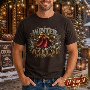 Puede incluir: Una camiseta marr&oacute;n oscuro con un gr&aacute;fico de dos patines de hielo rojos atados con una cinta dorada, rodeados por una corona de pi&ntilde;as y adornos plateados. El texto "WINTER WONDERLAND" est&aacute; impreso en letras doradas y plateadas.