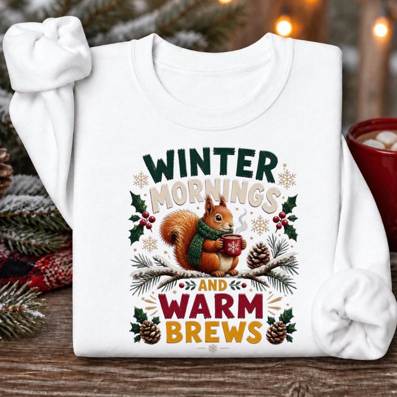 May include: A white long-sleeve sweatshirt featuring a graphic of a brown squirrel wearing a green scarf and holding a red mug. The text reads Winter Mornings and Warm Brews, surrounded by illustrations of pine branches, holly, and snowflakes.