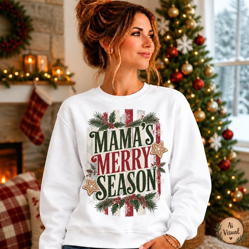 May include: A white long-sleeve sweatshirt featuring a central graphic with the text MAMA'S MERRY SEASON in red and green lettering. The design includes illustrations of holly leaves, red berries, and gingerbread stars on a striped background.
