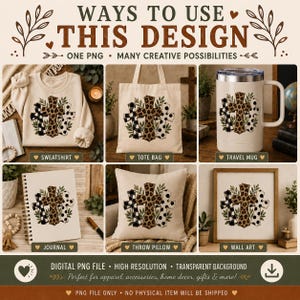 Pu&ograve; includere: Un file di design digitale con tre croci con motivi leopardati, a quadri bianchi e neri e a pois, visualizzato su una felpa, una borsa tote, una tazza da viaggio, un diario, un cuscino e un quadro con il testo WAYS TO USE THIS DESIGN.