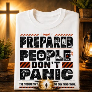 May include: A white t-shirt featuring black text that reads PREPARED PEOPLE DON'T PANIC. The design includes icons of a radar, flashlight, radio, first aid kit, chainsaw, and smartphone. Below, the text reads THE STORM ISN'T THE ONLY THING COMING.