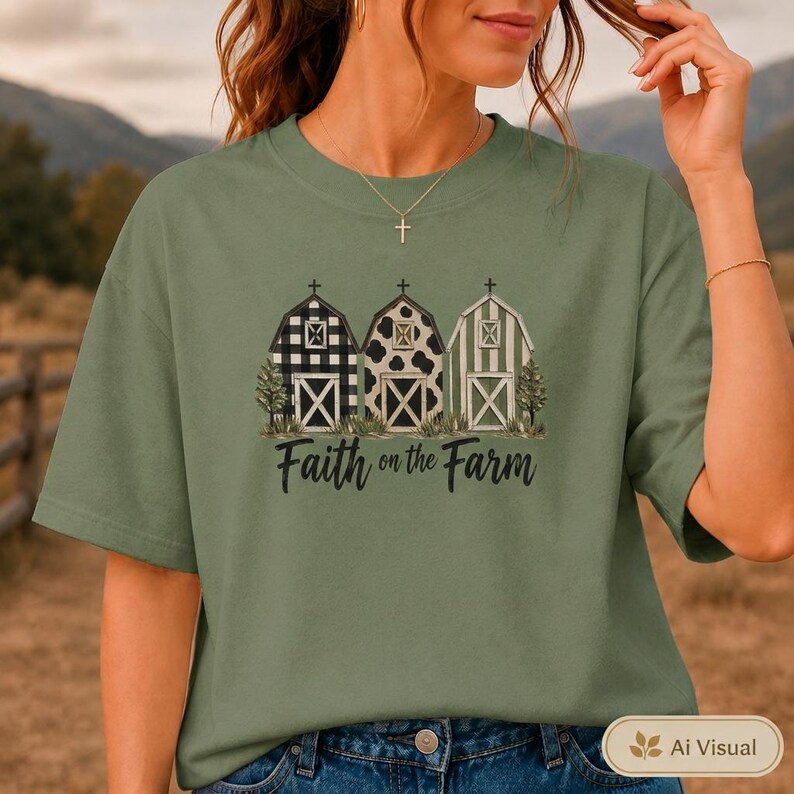 Może przedstawiać: Oliwkowozielony t-shirt z grafiką przedstawiającą trzy stodoły o r&oacute;żnych wzorach: czarno-biała kratka, czarno-białe łaty krowie oraz zielono-białe paski. Poniżej stod&oacute;ł znajduje się nadruk z napisem Faith on the Farm.