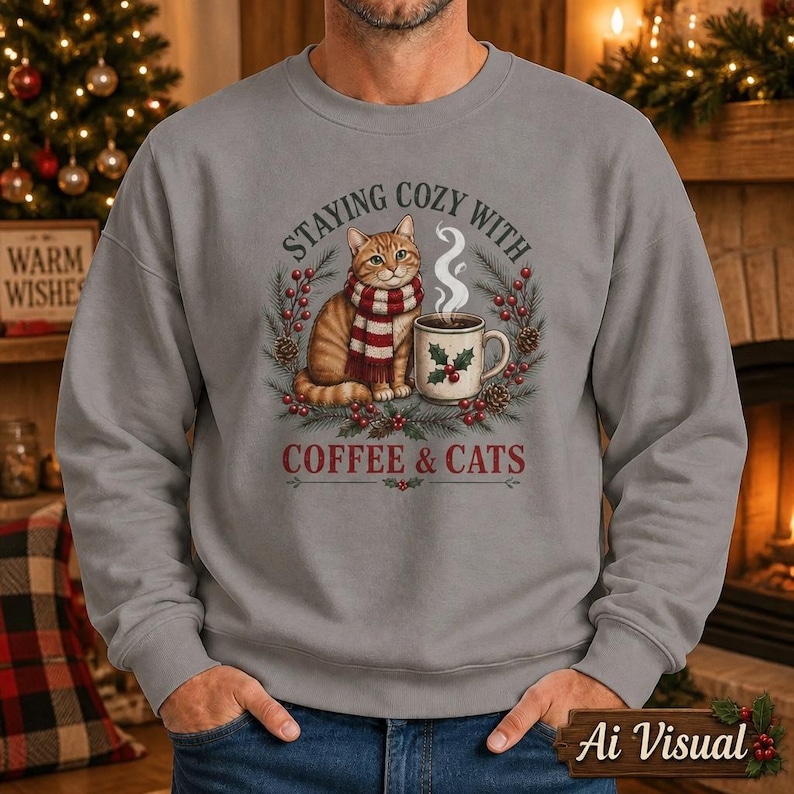 May include: A grey crewneck sweatshirt featuring a graphic of an orange tabby cat wearing a red and white striped scarf next to a steaming mug of coffee. The text reads STAYING COZY WITH COFFEE & CATS, surrounded by pine branches, red berries, and pinecones.