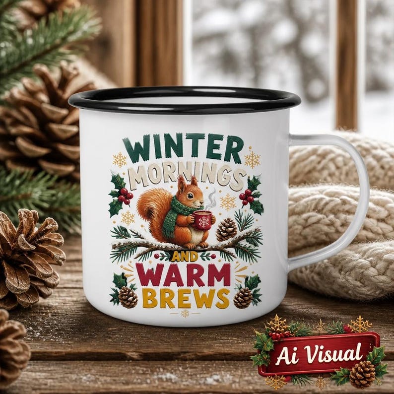 May include: A white enamel mug with a black rim featuring a graphic of a squirrel wearing a green scarf and holding a red mug. The text reads Winter Mornings and Warm Brews, surrounded by illustrations of pine branches, pinecones, and berries.