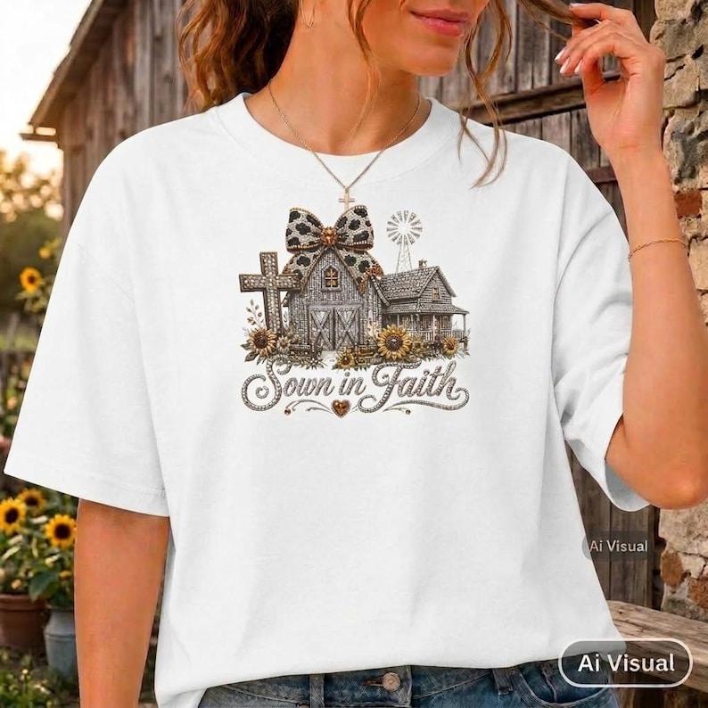 May include: A white t-shirt featuring a graphic print of a rustic barn, a cross, a windmill, and sunflowers, all topped with a leopard print bow. The text Sown in Faith is printed in a cursive script below the illustration of the farm buildings.