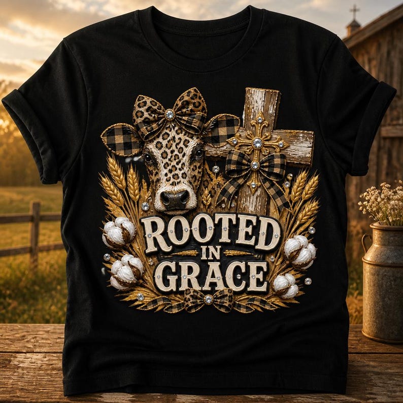 PNG File Transparent Background A black short-sleeve t-shirt featuring a graphic of a cow with a leopard print pattern and a buffalo plaid bow. The design includes a wooden cross, wheat stalks, cotton bolls, and the text ROOTED IN GRACE with small crystal accents. Digital Sublimation Design.