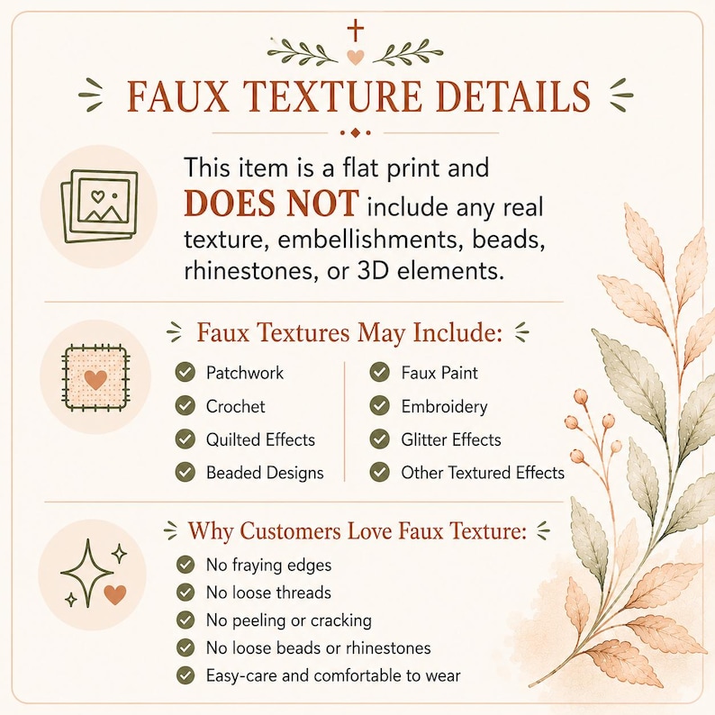 Może przedstawiać: Grafika informacyjna zatytułowana FAUX TEXTURE DETAILS na kremowym tle z ilustracjami botanicznymi. Wyjaśnia, że przedmiot jest płaskim nadrukiem bez rzeczywistej tekstury, koralik&oacute;w lub element&oacute;w 3D, wymieniając efekty.