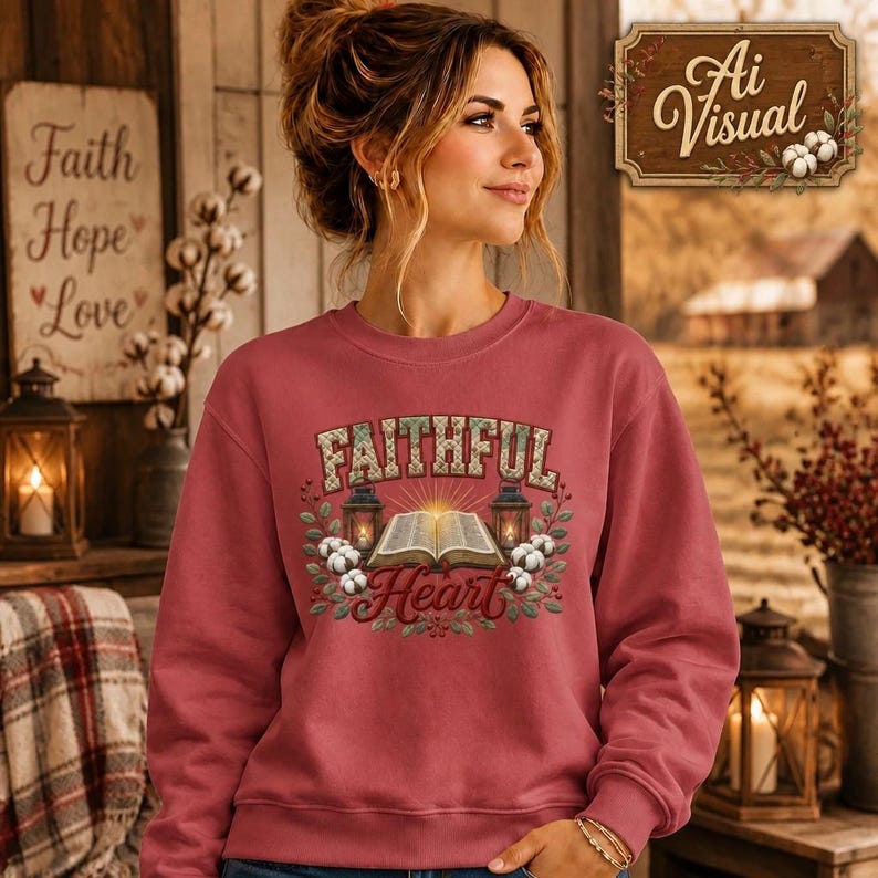 May include: A dusty rose crewneck sweatshirt featuring a graphic print of an open book, two lanterns, and cotton sprigs. The text "FAITHFUL" appears in a patterned font above the book, and "Heart" is written in a script font below the book.