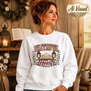 May include: A white long-sleeve sweatshirt featuring a graphic print of an open book, two lanterns, and cotton sprigs. The text "FAITHFUL" appears in a patterned font above the book, and the word "Heart" is written in a red script font below.