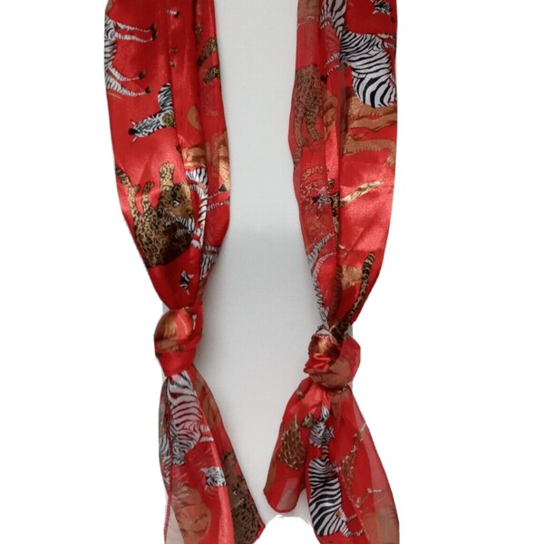 Vibrant Red Animal Print Scarf Wrap Hijab Zebra Elephants Leopard Giraffe 58" x13"  Embrace Your Wild Side Bold Bright Animal Motif Scarf