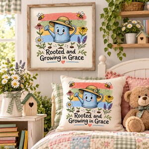 ⭐ Bedroom – Wall Art and Throw Pillow
Christian garden watering‑can artwork with flowers, bees and sprouts, ‘Rooted and Growing in Grace’ inspirational message displayed as framed wall art and matching throw pillow in cozy farmhouse bedroom décor, digital PNG sublimation graphic.