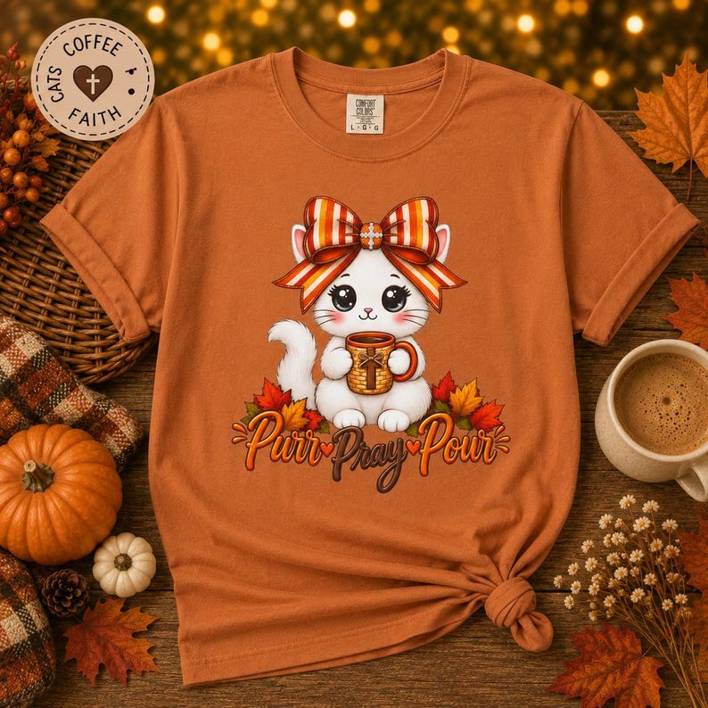 Christian Autumn Graphic Tee Kawaii Cat Lover Shirt Cozy Fall Wear Funny Feline Top Striped Coquette Bow Pumpkin Spice Shirt Gift Halloween Bild 10