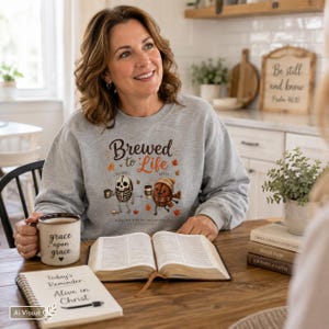 Illustrated Food Coffee Bean Stick Figure Sweater Cute Coffee Design Unisex Crewneck Apparel Fall Autumn Cozy Clothing Brewed To Life Characters Soft Comfortable Fabric Perfect Coffee Enthusiast Gift Seasonal Barista Wear Warm Midweight Construction Ribbed Collar Christian Women Christian Men Apparel