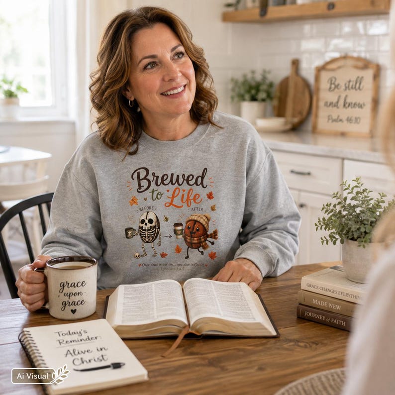 Illustrated Food Coffee Bean Stick Figure Sweater Cute Coffee Design Unisex Crewneck Apparel Fall Autumn Cozy Clothing Brewed To Life Characters Soft Comfortable Fabric Perfect Coffee Enthusiast Gift Seasonal Barista Wear Warm Midweight Construction Ribbed Collar Christian Women Christian Men Apparel